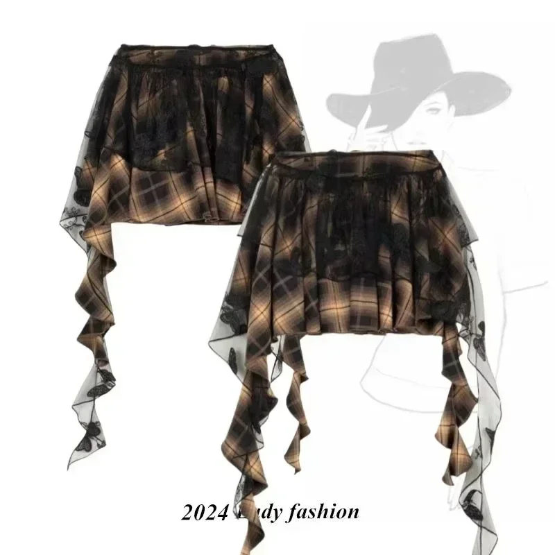 2024 Y2K Women's Clothing Punk Style Irregular Plaid Skirt New