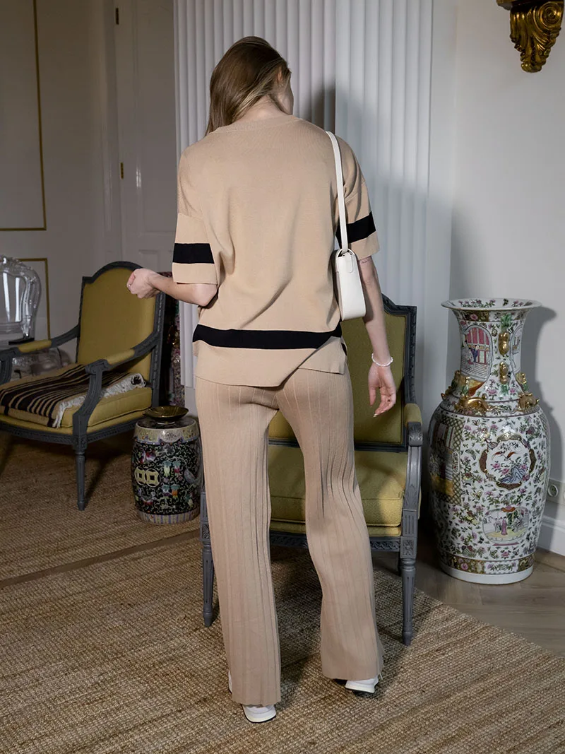 Casual 2 Piece Summer Knitted Suit Short Sleeve Loungewear Tracksuit Women Two Piece Set Black Brown Knit Two Piece Women Sets