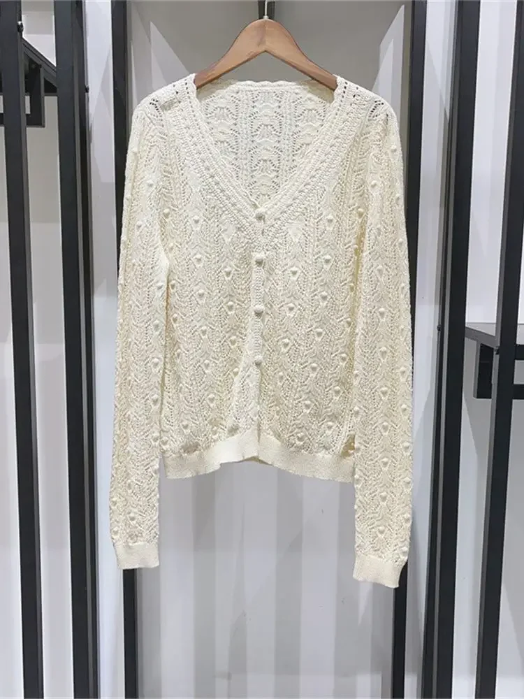 

Solid Color V-Neck Knitted Cardigan For Women Fashion All-match Single Breasted Crochet Sweater