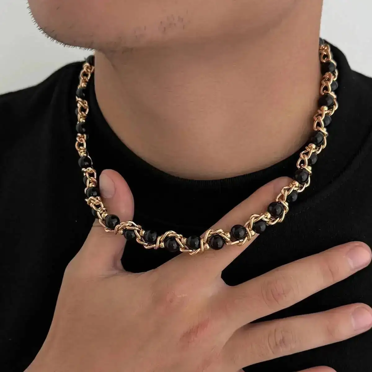 Lacteo 2025 Trendy Creative Imitation Pearl Beaded Chain Necklace Bracelet for Men Vintage Clavicle Chain Charm Jewelry Gift Set