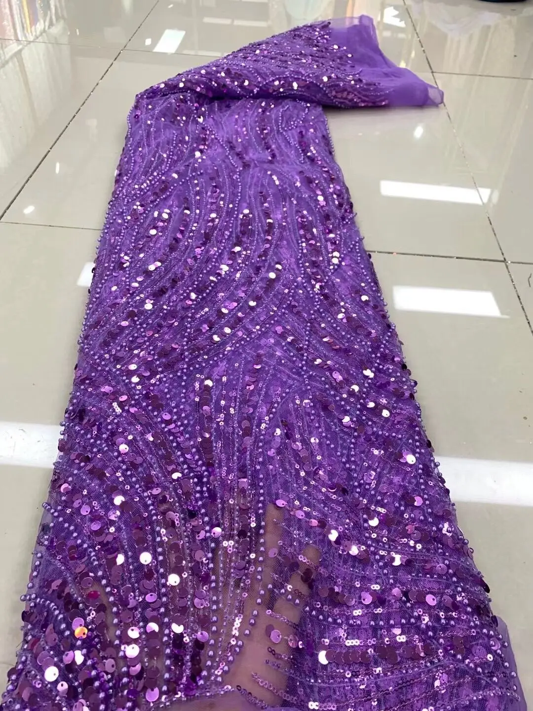 

Nigerian Lace Fabric High Quality Embroidery Tulle Lace Latest African French S-11016812 With Sequins and beads For Party