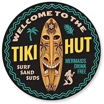 

Welcome to Tiki Hut, Surfboard Sign, Beach Bar Sign Round Metal Tin Sign Suitable for Home and Kitchen Bar Cafe
