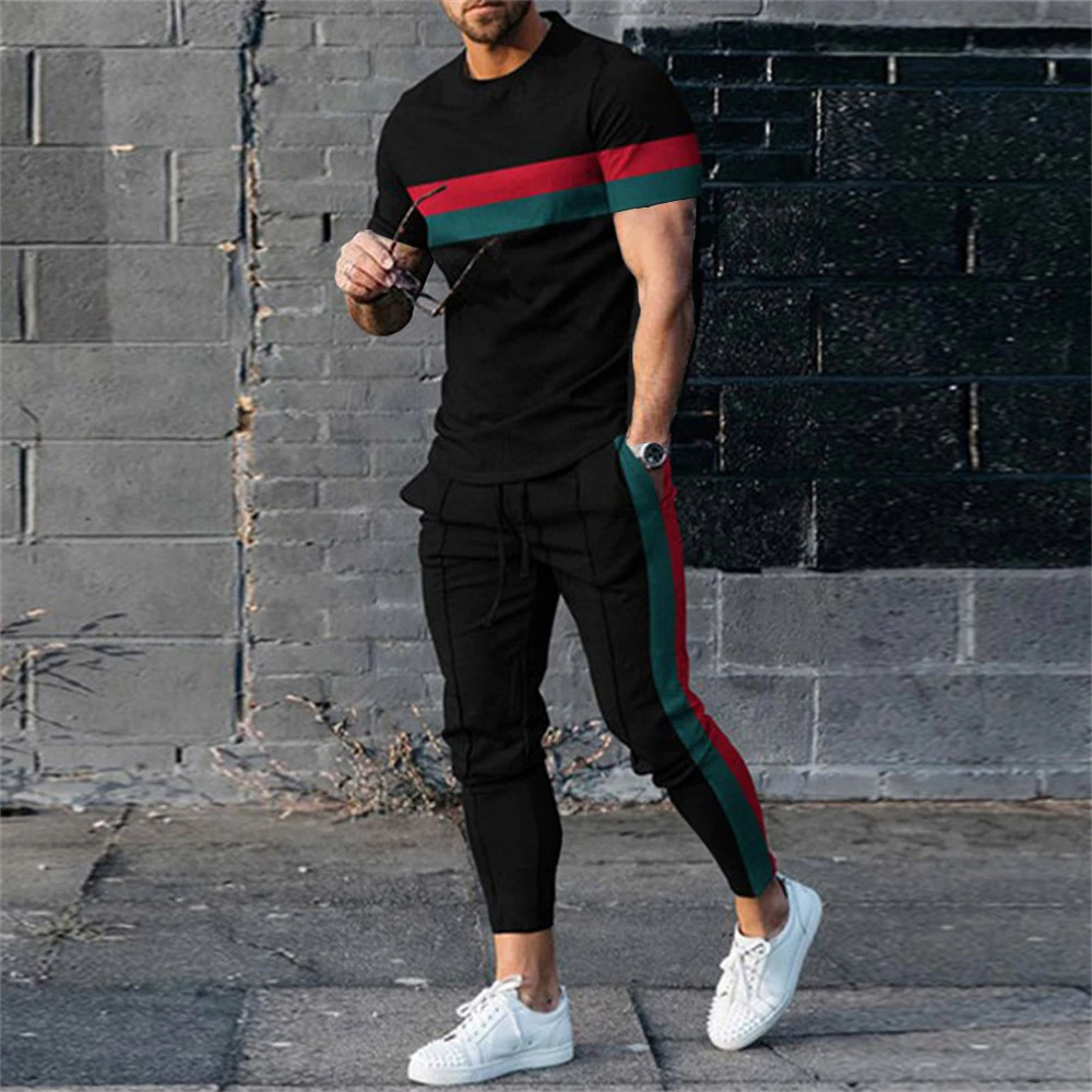Men's Clothing Men Suit Tracksuit 2 Piece Sets Jogger Outfit 3D Printed Summer Trousers Short Sleeve Men T Shirt Long Pants 4