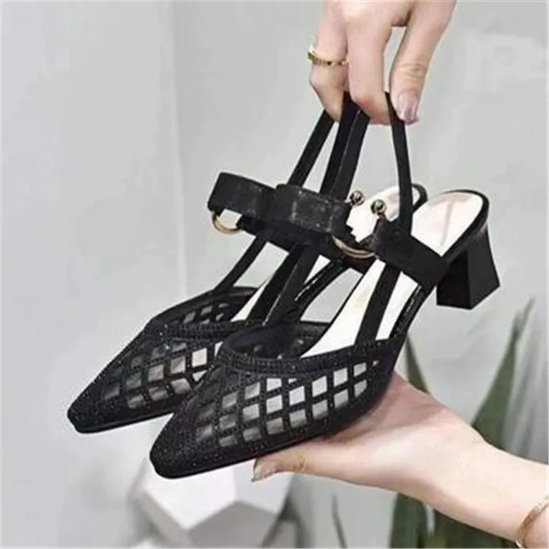 

2023 New High Heel Sandals Women's Jiantou Mesh Summer Fashion Women's High Heels Pointed Toe Buckle Sandals Women's Luxury