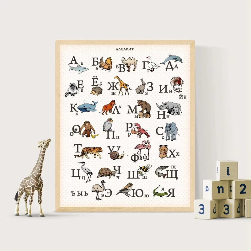 

Russian Language Alphabet With Animals Print Nursery Wall Picture Decor Wall Art Canvas Painting Educational Poster Kids Room