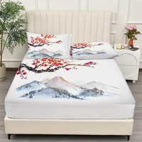 Chinese Style Fitted Sheet Set Ink Painting Plum Mountains Print Mattress Covers Soft Breathable Bedding Set With Deep Pocket 5