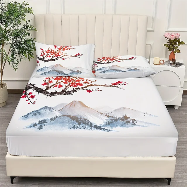 Set di lenzuola con angoli in stile cinese pittura a inchiostro Plum Mountains stampa coprimaterasso Set di biancheria da letto morbida e traspirante con tasca profonda 5