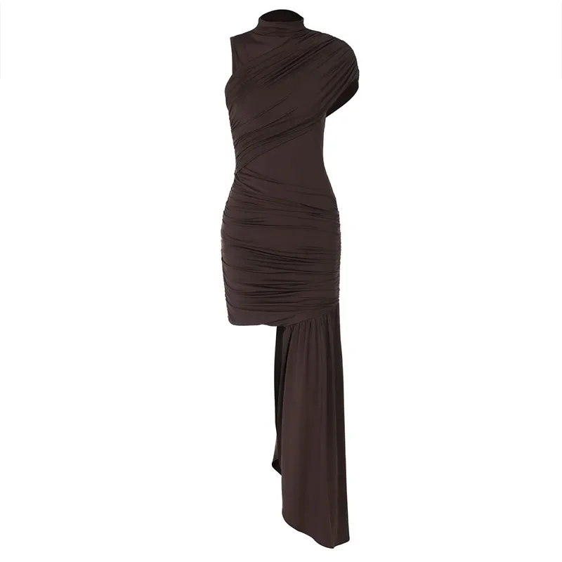 Brown Lace Up Pleated Mini Dress Elegant Round Neck High Waist Sleeveless Slim Fit Short Dresses Lady Summer Evening Party Robes