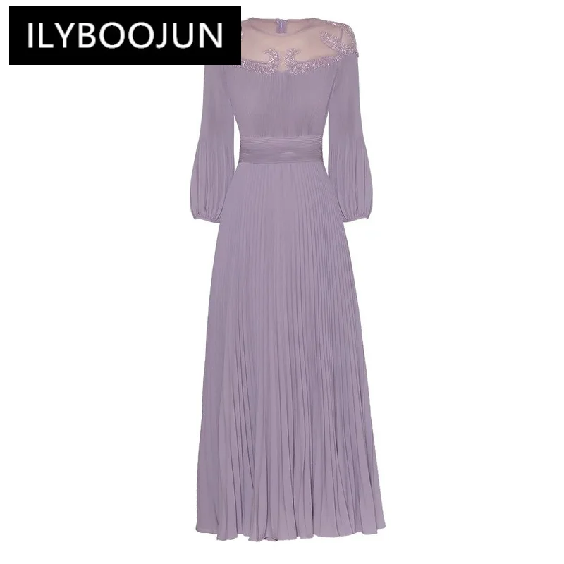 

ILYBOOJUN Runway Fashion 2024 Summer Dress Women Mesh Beading Solid Color Ruched Design O Neck Lantern Sleeve Midi Dress