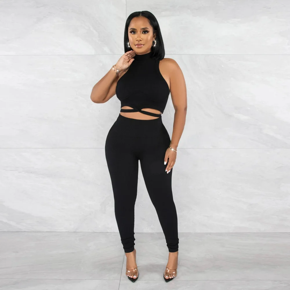 

Sportswear Two Piece Set Women's Casual Solid Sleeveless Crop Tops and Slim Fit Pencil Pants Set Women Leggings Suit Streetwear
