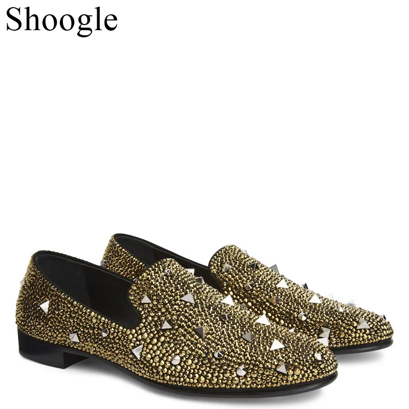 

Handmade Men Shoes Golden Diamond Mens Studs Spike Shoes Sliver Gold Glitter Loafers Shoes Runway Shining Rivets Dress Shoes