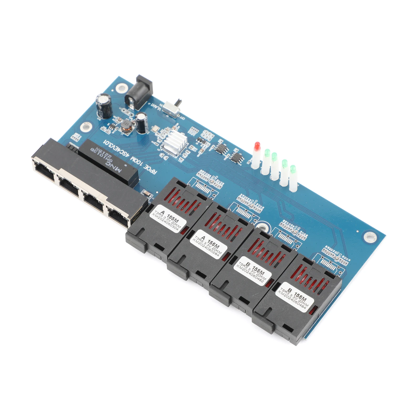 PCBA Board Fiber Media Converter 10M/100M 4 RJ45 to 4 SC 2A+2B Fiber Connectors 1310nm/1550nm Ports 20KM Ethernet Switch