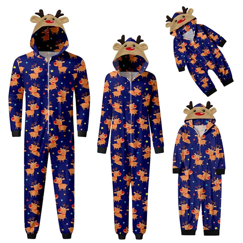 Combhasaki Family Matching Christmas Pajamas Loungewear Long Sleeve 3D Elk Antler All-over Print Hooded Romper Zip Up Jumpsuits 3