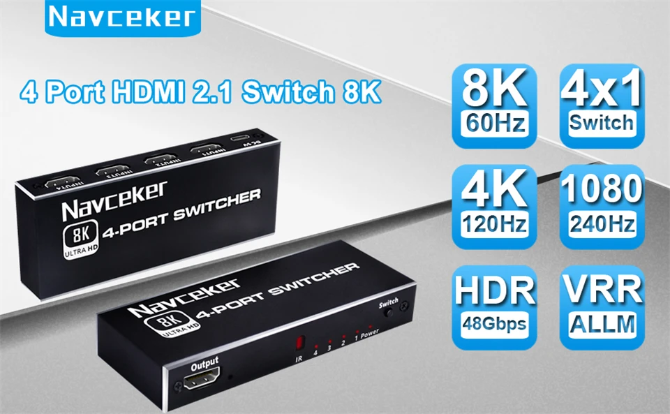 8K HDMI 2.1 Switcher Selector 4K 120Hz HD Switch HDMI Splitter 4 In 1 Out 3 In 1