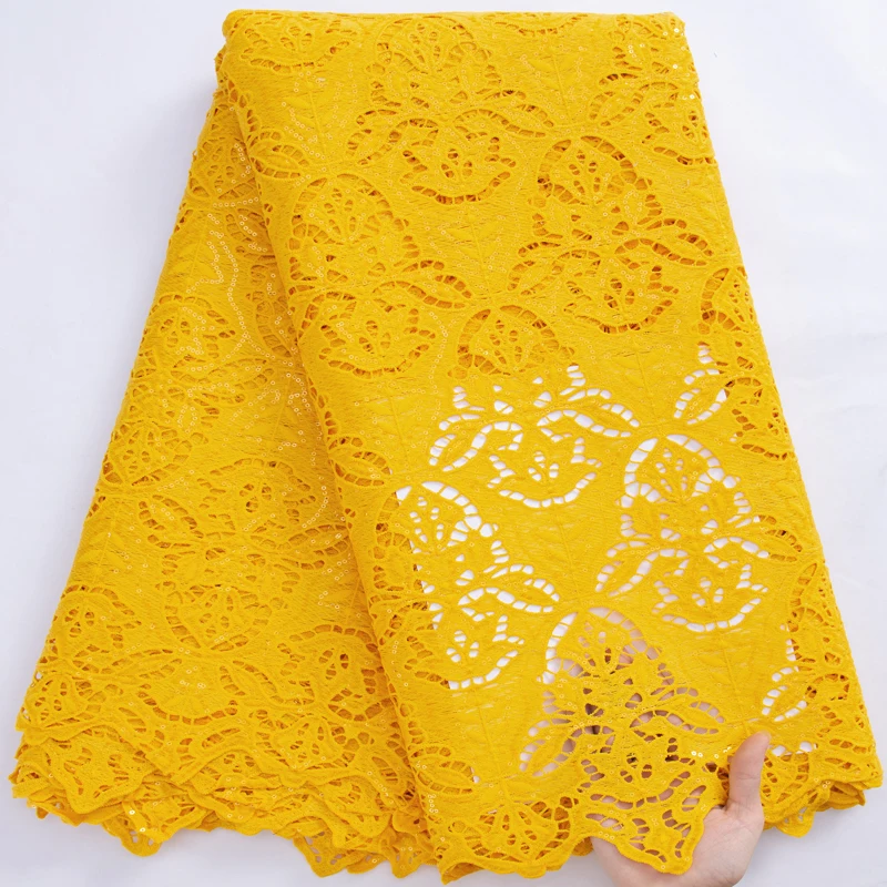 yellow-african-guipure-cord-lace-fabric-unique-style-nigerian-water-soluble-cord-lace-fabrics-with-sequins-for-wedding-y3076