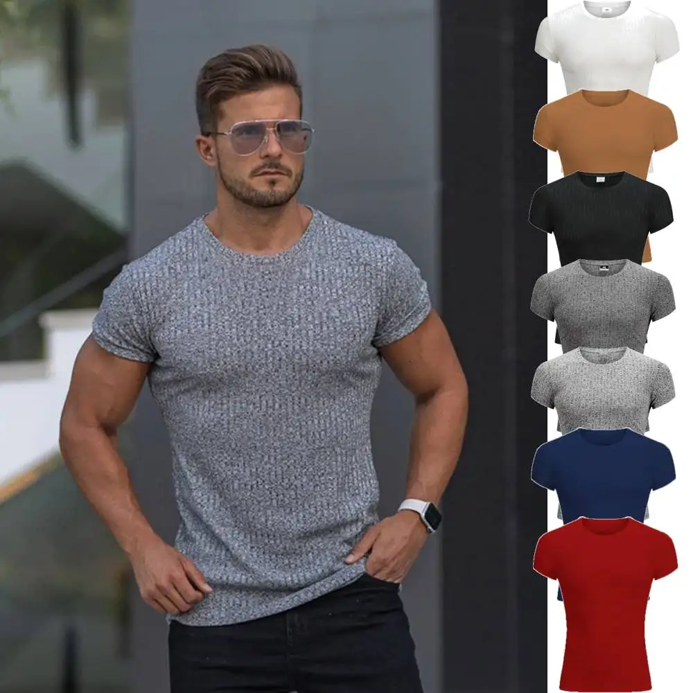 

NEW High Stretch Ice Silk Fabric Stripe Tshirt Slim Mens Tops Tee Bodybuilding Muscles Short Sleeve T-Shirts Summer Undershirts