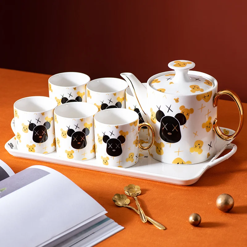

Nordic Ceramic Water Set Korean Cartoon Bear Coffee Tea Sets 1teapot 6cup 1tray Home Living Room Bar Decoration Drinkware