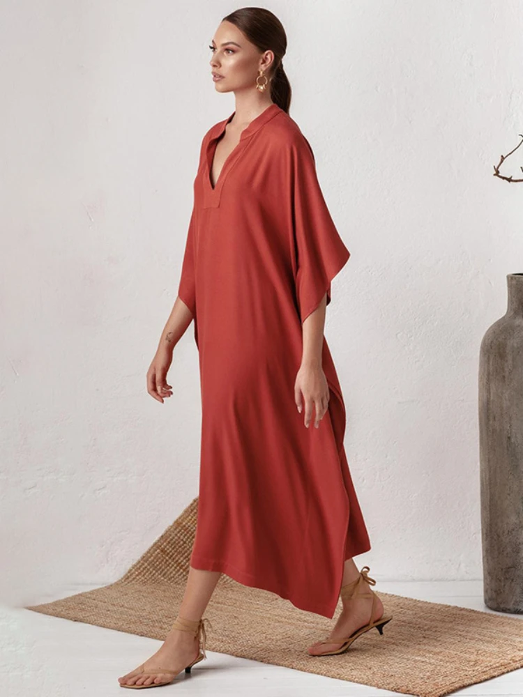 Swimsuit Cover Up Women Kaftan Beach Tunic Solid V Neck Elegant Summer Long Dress Loose Beachwear Bathing Suit Swimwear 5