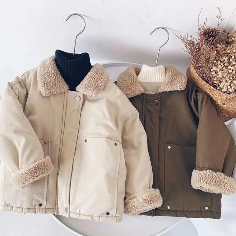

Children's Cotton Coat 2023 Winter New Boys and Girls' Suede Collar Foreigner Plush Fashion Jacket Thick 2-8Y