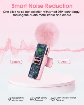 Mini Wireless Lavalier Microphone for iPhone 16/15/14 Android, Pink Lapel Mic with Noise Reduction, 12H Battery, 65ft Range 2