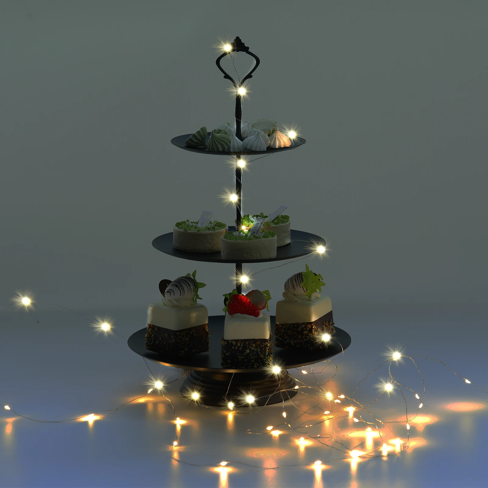 9Pcs Black Cake Stand Set with Halloween Decorations- LED String Lights, Dessert Table Display Set, Cupcake Stands for Party