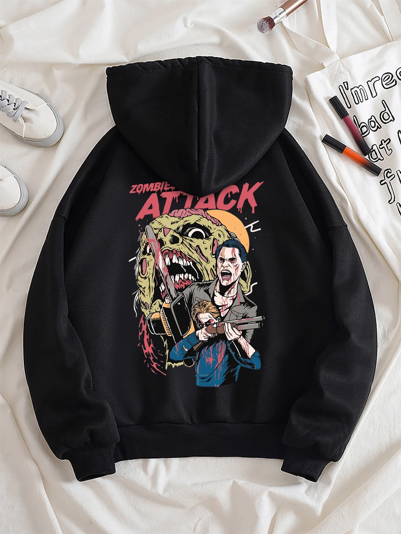 

Halloween Zombies Attack Chainsaw Horror Zombie Hoodie Women's Autumn Loose Hoody Casual Fleece Sweatshirt Zipper Tops Women