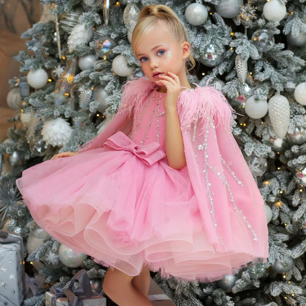 

Girls Winter Party Dresses With Feather Cape Beading Sequin Ball Gown Baby Girl Birthday Tutu Gowns Mini Flower Girl Dress