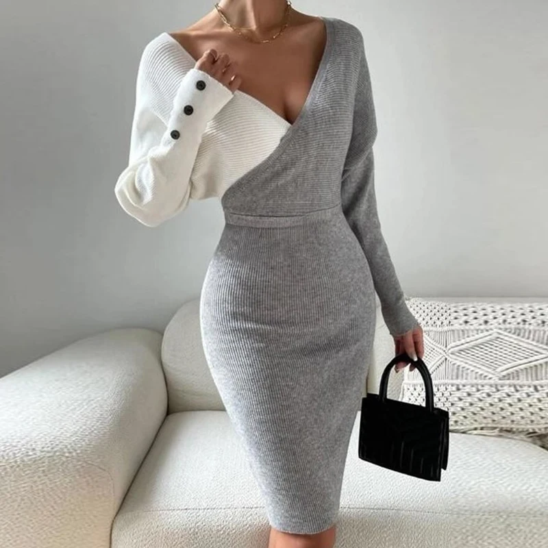 

Commuter Lady Sexy V-neck Party Dress Fall Winter Contrast Color Slim Bodycon Hips Dress Women Batwing Sleeve Rib Knitting Dress