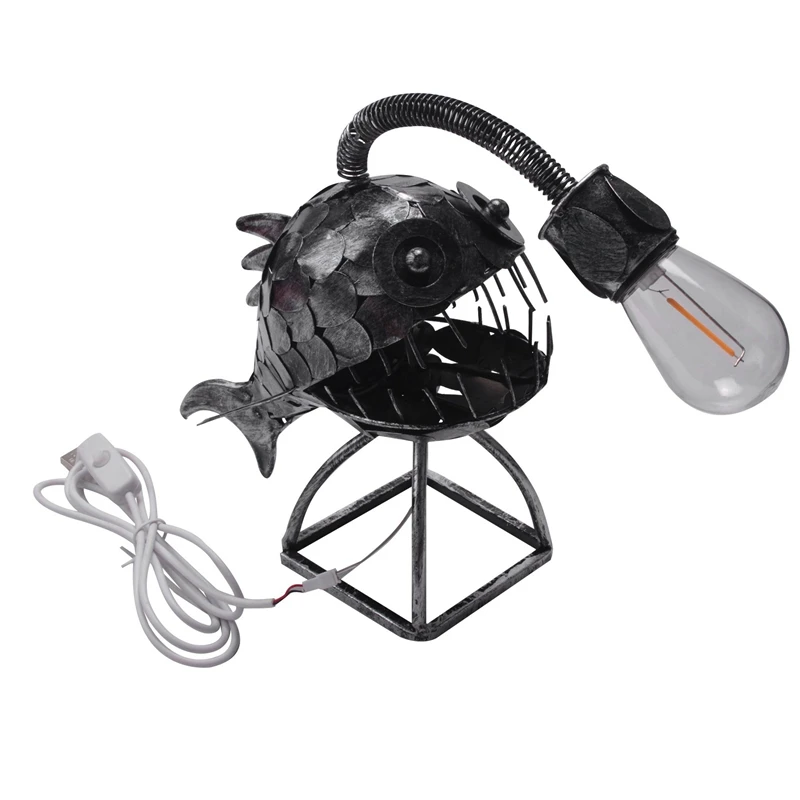 

HOT-Angler Fish Lamp USB Rechargeable Desktop Metal Light Handmade Craft Home Living Room Decoration