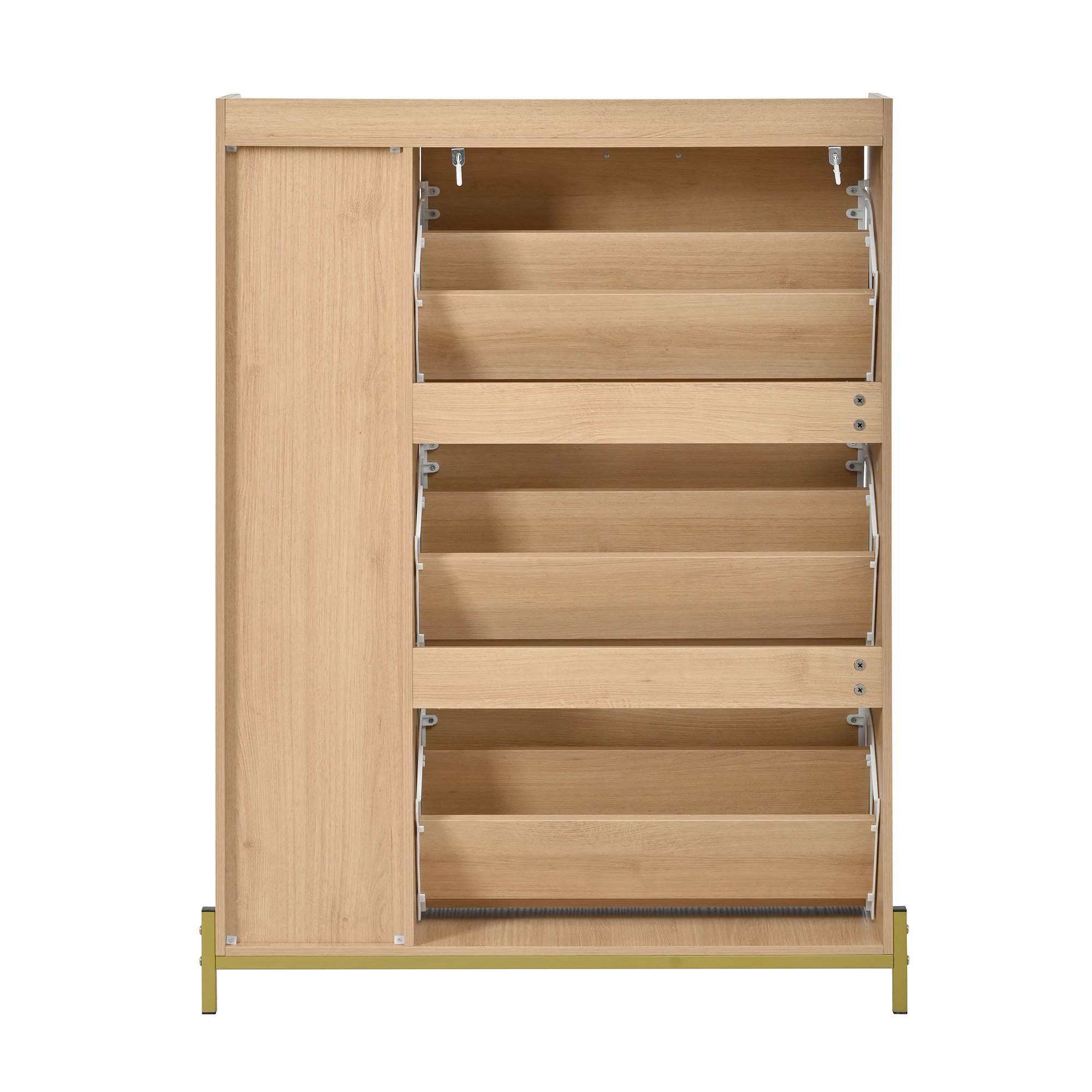 Schuhschrank im nordischen Stil mit Klappdeckel, Eichenholzoptik, drei Türen, großes Fassungsvermögen, ultradünner Eingangsbereichschrank, offene Seitenregale. – Detail 17