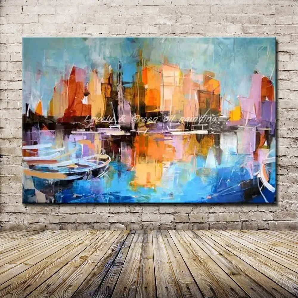 

Mintura Wall Pictures Hand-Painted Boat Landscape Oil Paintings on Canvas,Modern Abstract Art Posters for Living Room Home Decor