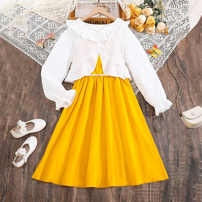 

Fashion Chilren Kids Baby Girl 2Pcs Casual Outfits Sleeveless Cami Dress + Long Sleeve Ruffle Tops Set Teen Clothes