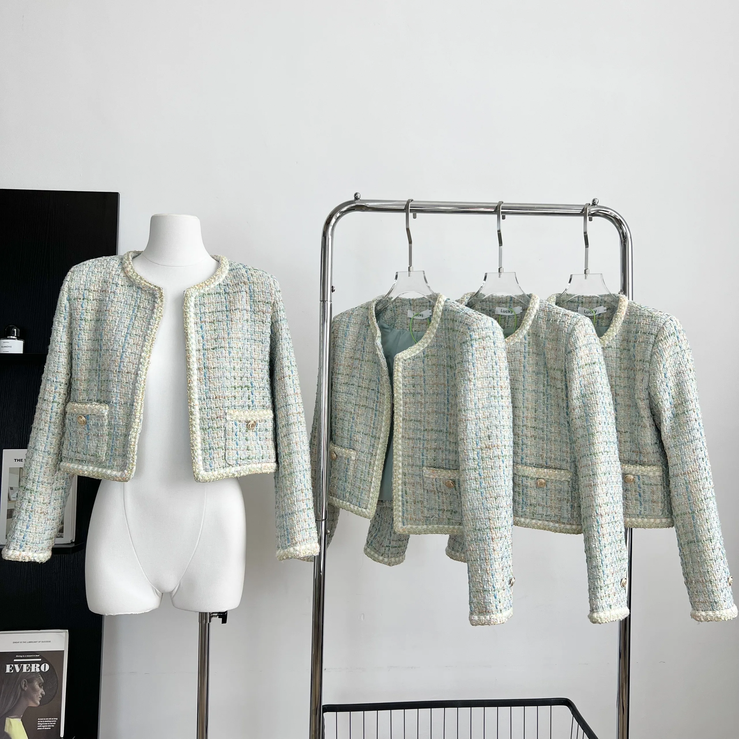 

Women's Spring Autumn Long Sleeve O Neck Tweed Jacket Lady Chic Elegant Open Stitch Pocket Green Outwear Top