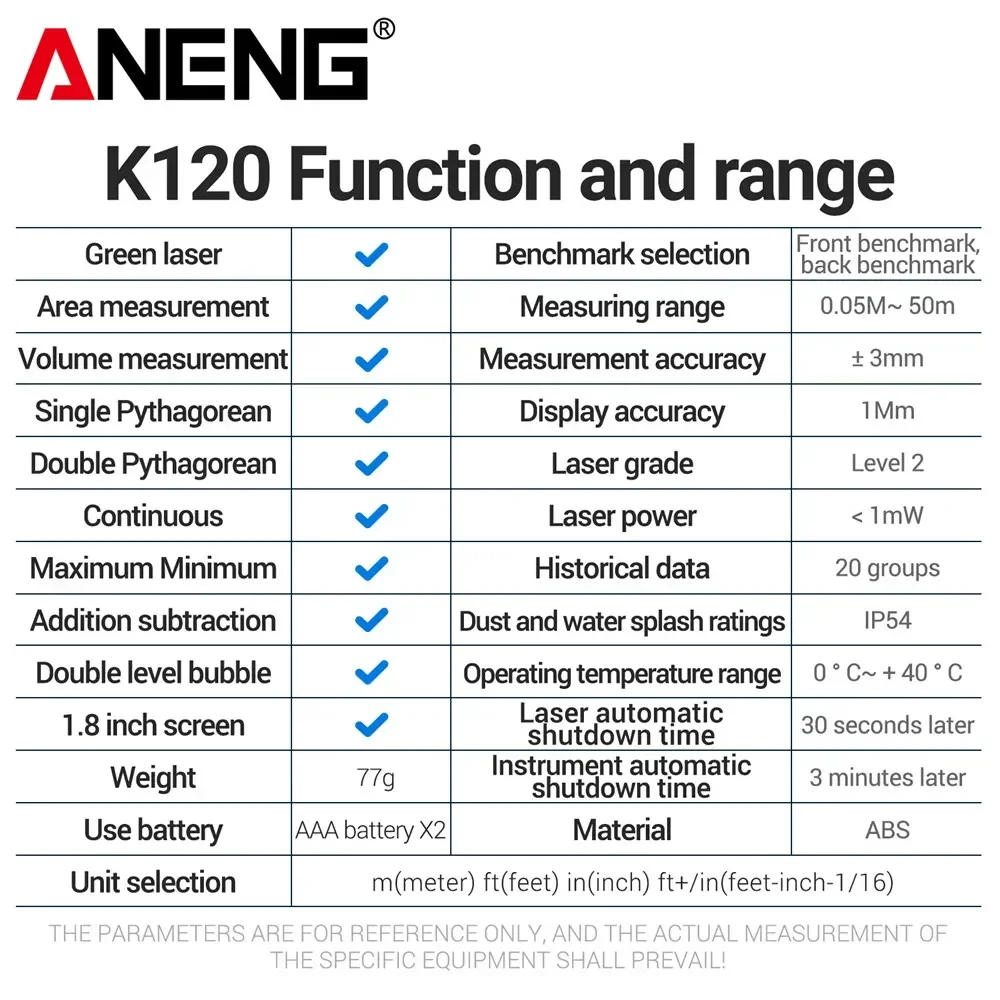 ANENG K120 Laser Tape Measure 50M 70M 100M 120M Laser Rangefinder Electronic Ruler Useful Measurement Tool Ruler Test