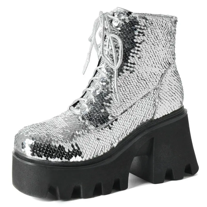 

Sequins Cloth Bling Bling Shiny Winter Motorcycle Short Boots Lace-up Punk Gothic Platform Chunky High Heels Women Winter Shoes