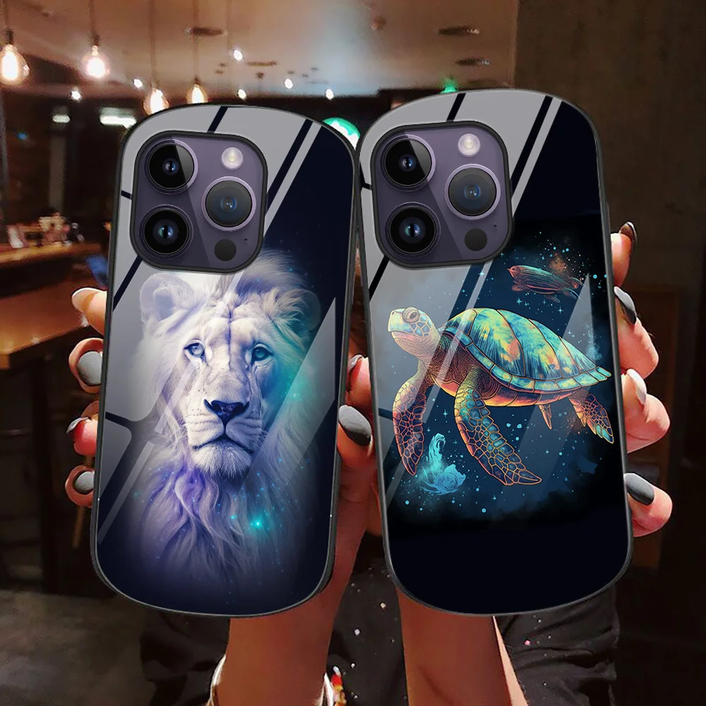 

Luxury Turtle Oval Tempered Glass Cases for iPhone 14 13 Pro Max Mini XR XSMax 7 8Plus SE Animal Lion Cover for iPhone 12 11