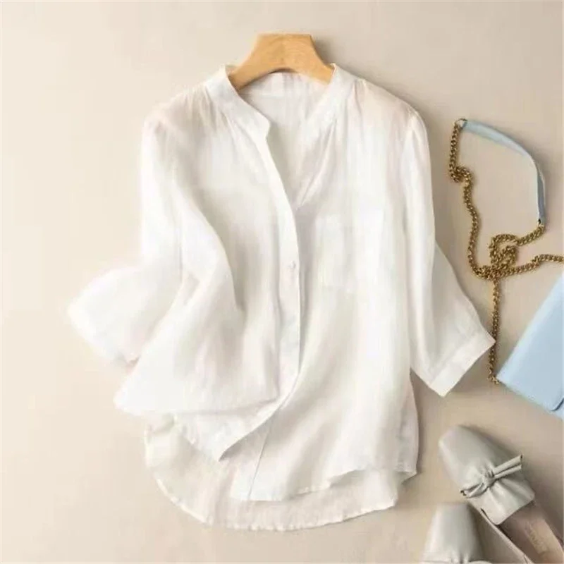 

Women's Clothing Retro Simple Casual Cotton Linen Shirt V Neck 3/4 Sleeve Loose Blouse Solid Irregular Tops Female Blusas ZL486