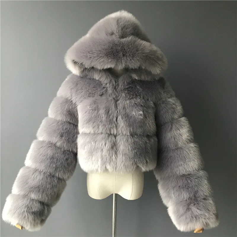 2023 Fashion Ultrashort Faux Fox Fur Coat Women Winter Hooded Fur Jacket Female Thicken Outerwear Artificial Fur Overcoat
