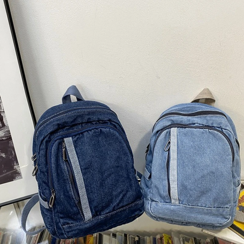 Vintage Denim Daypack Blue Jean Backpack Rucksack Double Shoulder Bag Schoolbag for University Vacation Travelling