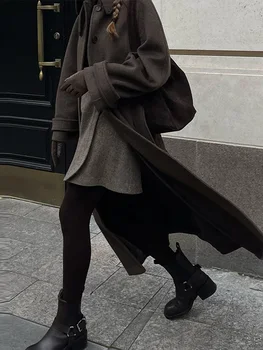 Elegante cappotto lungo in lana con collo alla coreana Moda donna Solido tasche monopetto Cintura soprabito Lady Winter Chic High Street Wear 1