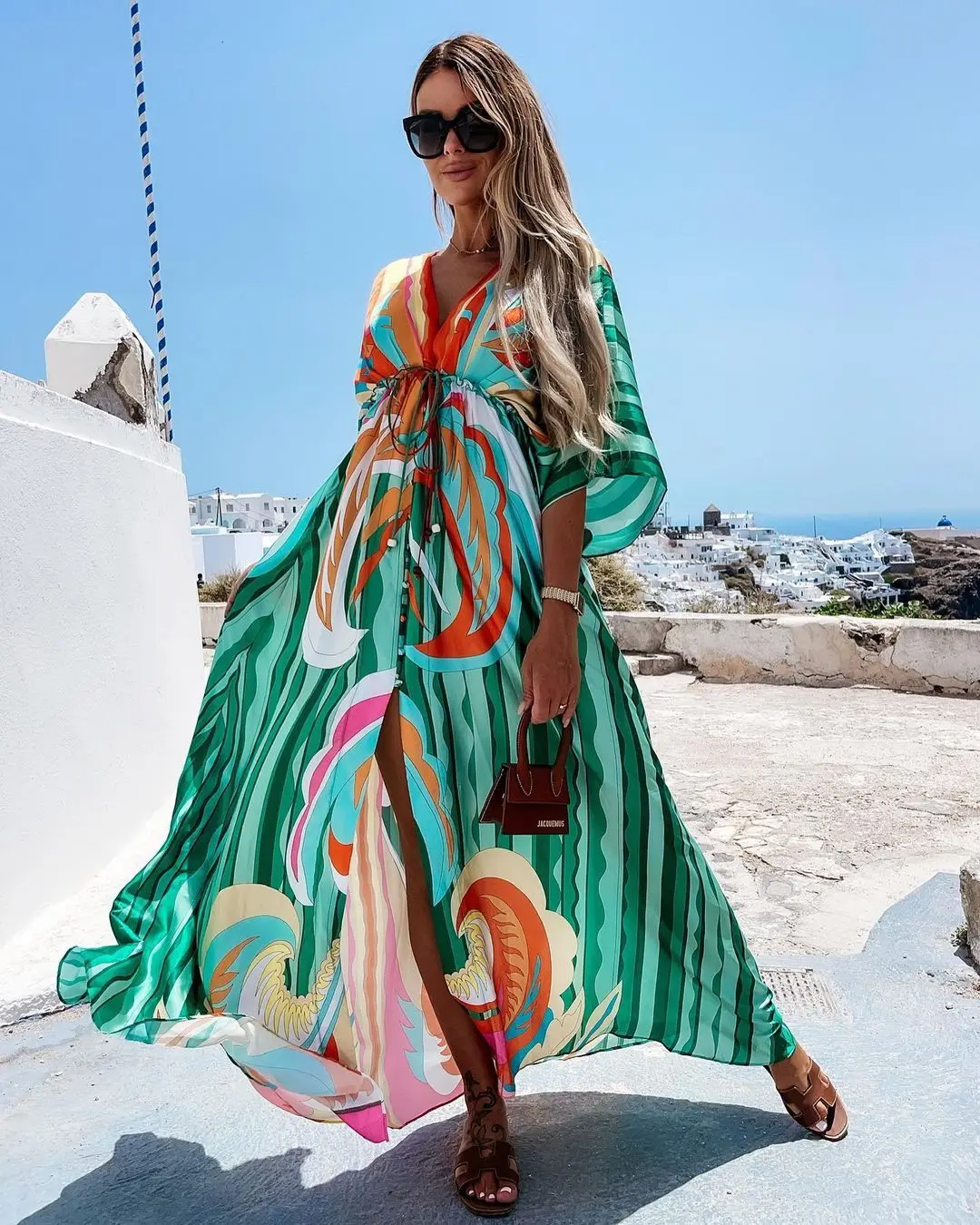 

Women's V-neck Short Sleeve Printed Large Hem Long Dress Summer Dresses Chiffon Floor-Length V-Neck Maxi Dress