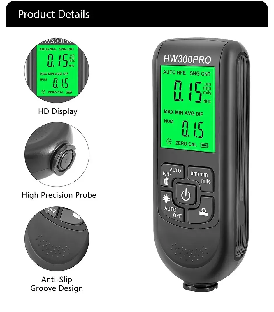 Paint Coating Meter Paint Thickness Gauge Thickness Gauge HW-300PRO Car Paint Film Automatic Thickness Gauge 0-2000UM Fe & NFe Coating Thickness Tester Manual Automotive Paint Tools