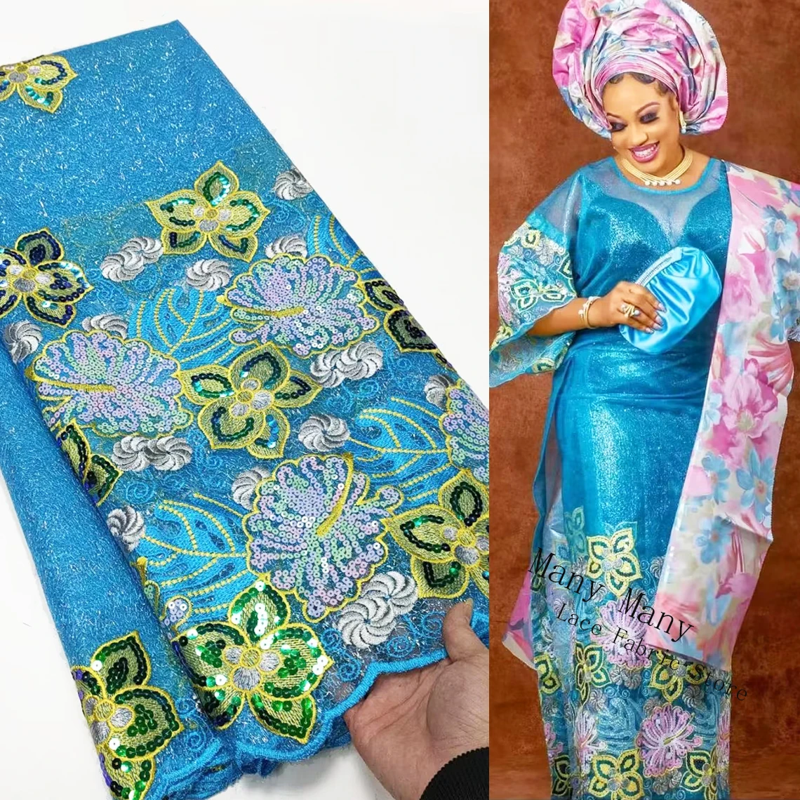 

2023 Latest Fashion Sky Blue Sequins Mesh Fabric Sequined Embroidered Laces For French African Women Dress Style Prom Fabrics