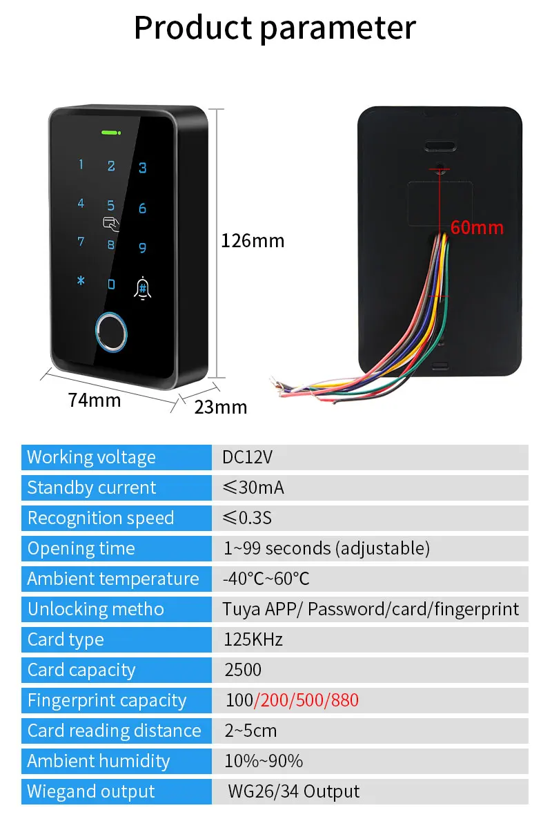WiFi Tuya Fingerprint Access Controller Outdoor Waterproof Standalone RFID Keypa
