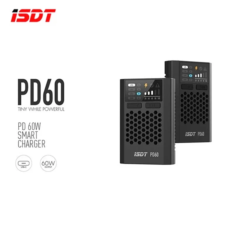 Vue détaillée du chargeur ISDT PD60 60W Type-C montrant les ports de sortie et les boutons de contrôle.