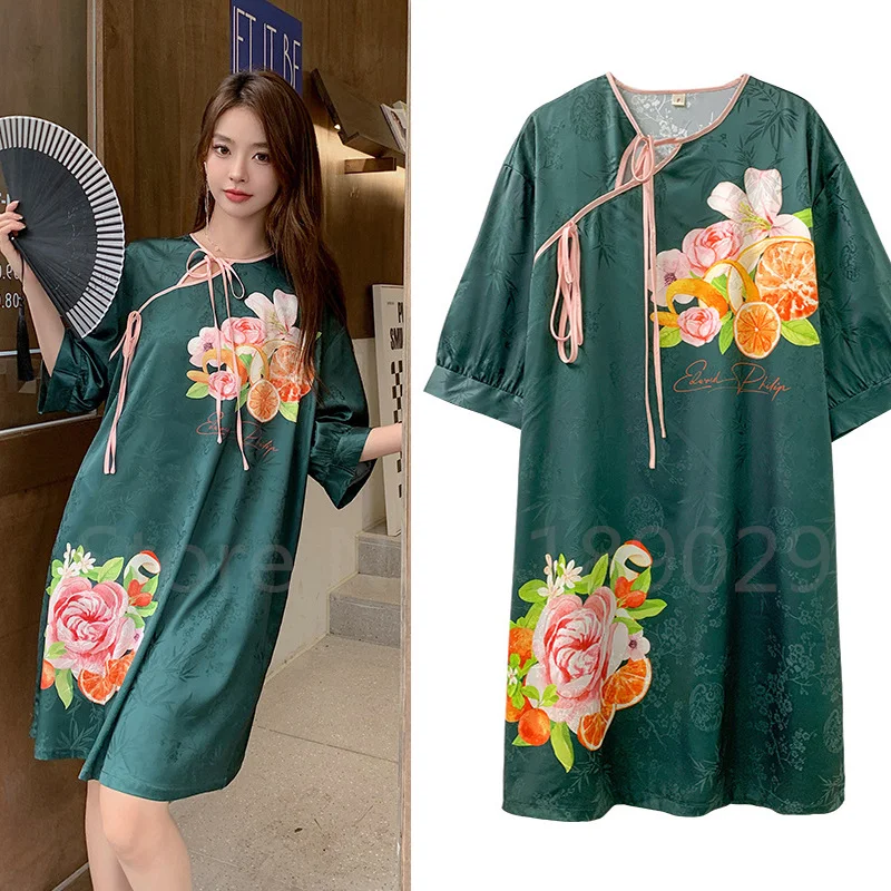 

New Chinese Style Nightgown Print Flower Sleepwear Sexy Women Loungewear Rayon Home Dressing Gown Half Sleeve Sleepshirt