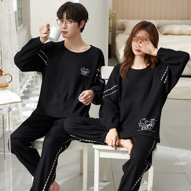 

Autumn Winter Pure Cotton Long Sleeve Men Pajamas Set Couple Cartoon Bear Print 2piece Pyjamas Suit Round Neck Nightwear 7102