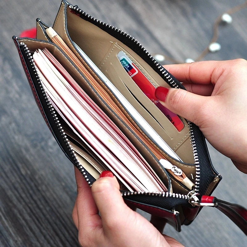 Women's Vintage Oil Wax Leather Zipper Clutch Wallet Female Large Capacity Coin Purse Ladies Wristband Simple Card Holder Wallet 6