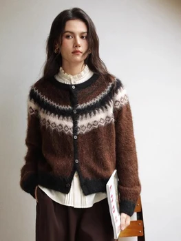 Nordic Style Womens Knitted Cardigan Sweater Alpaca Wool Retro Winter Autumn Color Block Jacquard Long Sleeve Casual Top 1