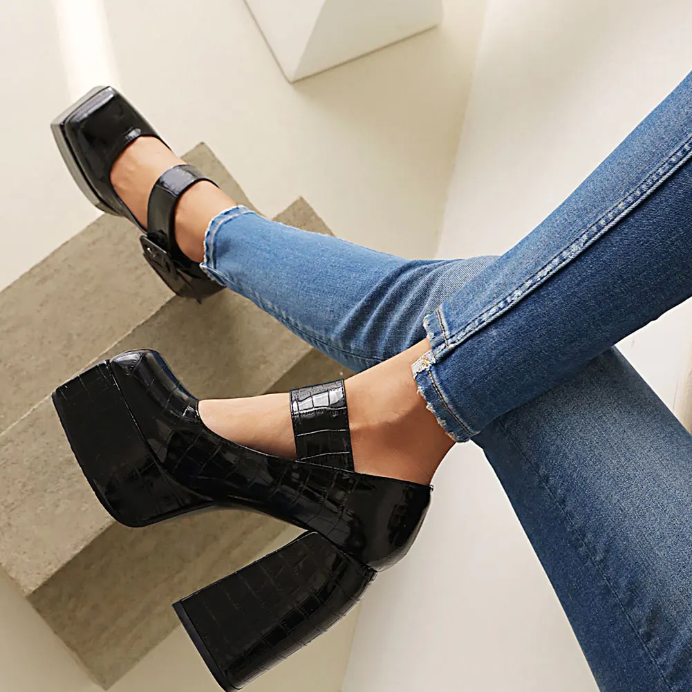 Luxury Brand New Ladies Thick High Heels Mary Janes Pumps Fashion Buckle Square Toe Platform Pumps Women Party Shoes Woman